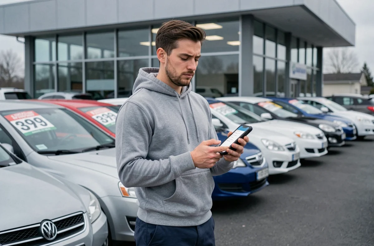 Jeune homme recherchant une assurance auto minimum sur smartphone dans un parking de concessionnaire