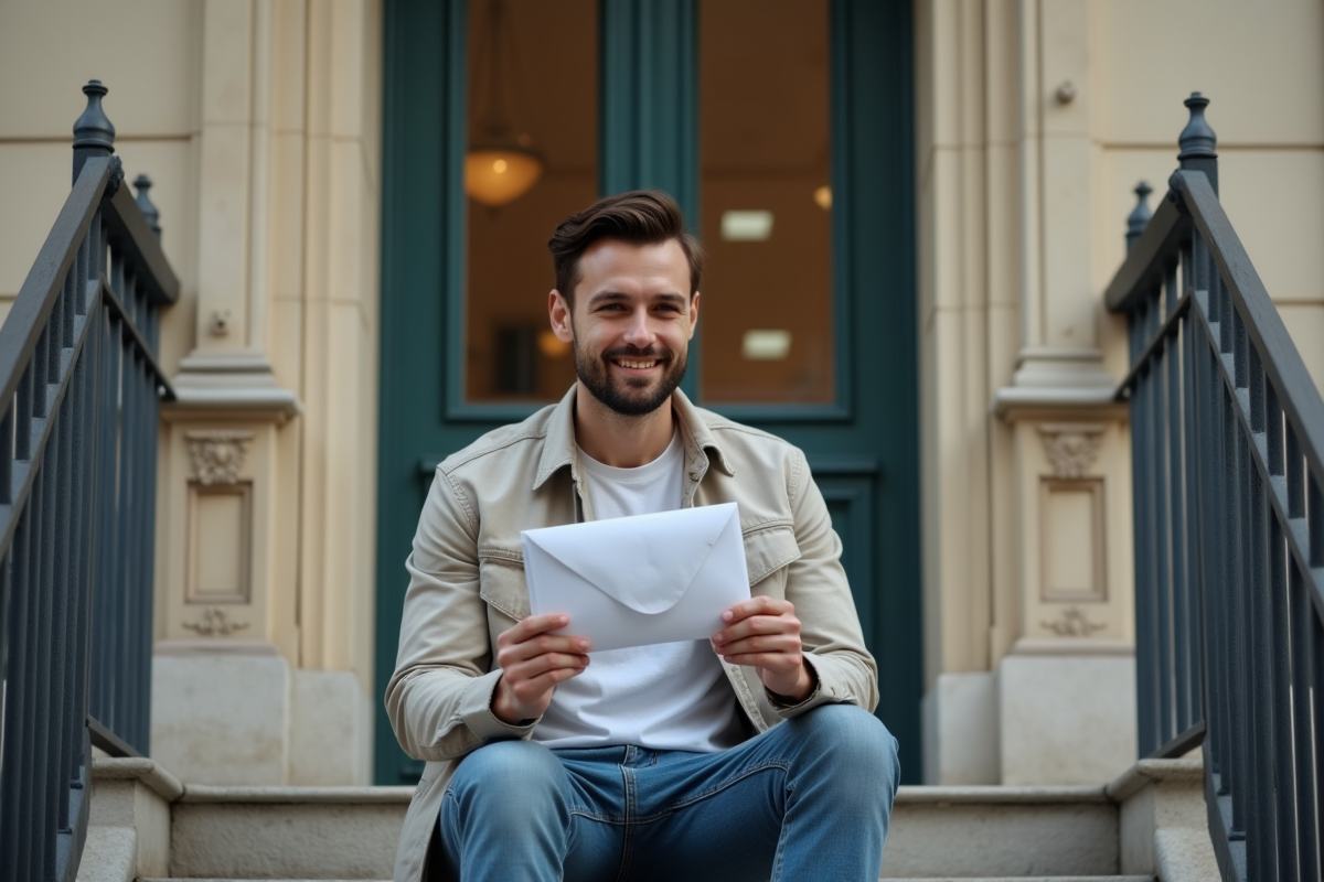 Jeune homme assis devant un immeuble parisien avec une enveloppe