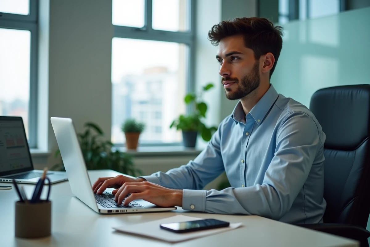 Jeune homme travaillant sur un ordinateur au bureau