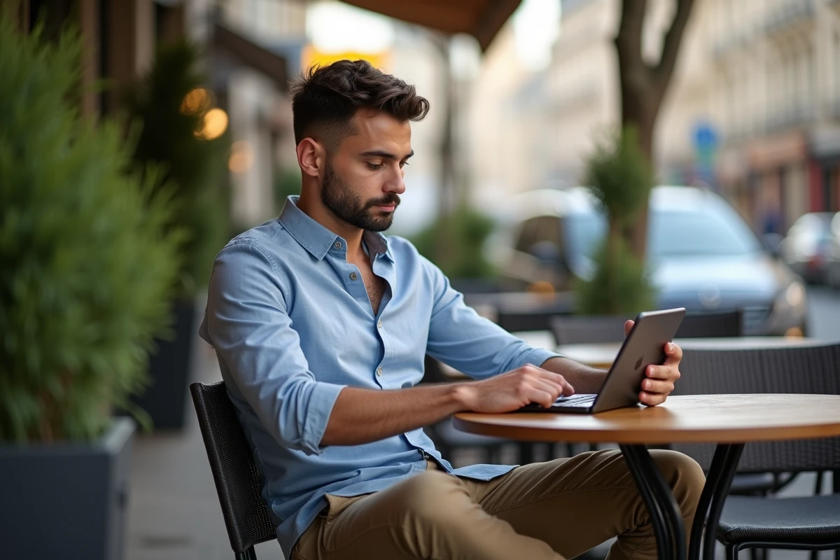 Jeune homme au café étudiant des données Air Liquide