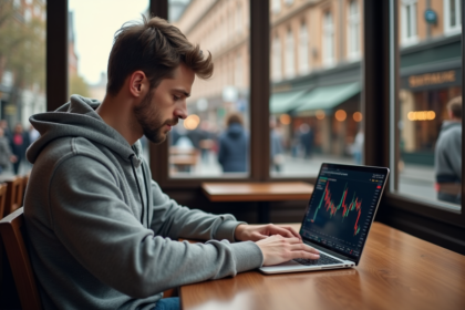 Jeune homme au café regardant un graphique Bitcoin sur son ordinateur