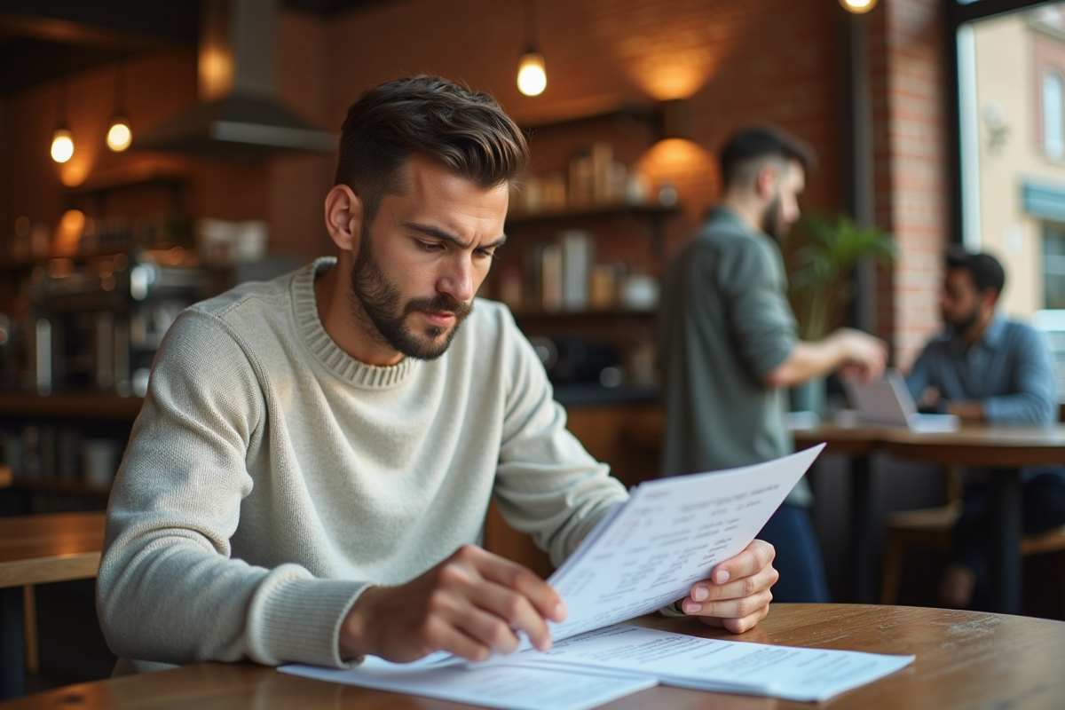 Jeune homme lisant des tableaux d intérêts composés au café