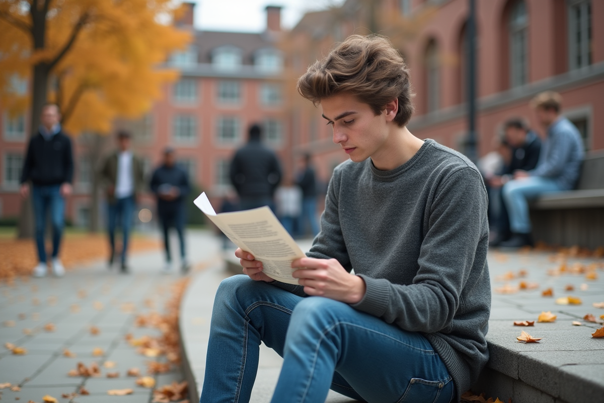 Jeune homme étudiant lisant des dépliants en extérieur