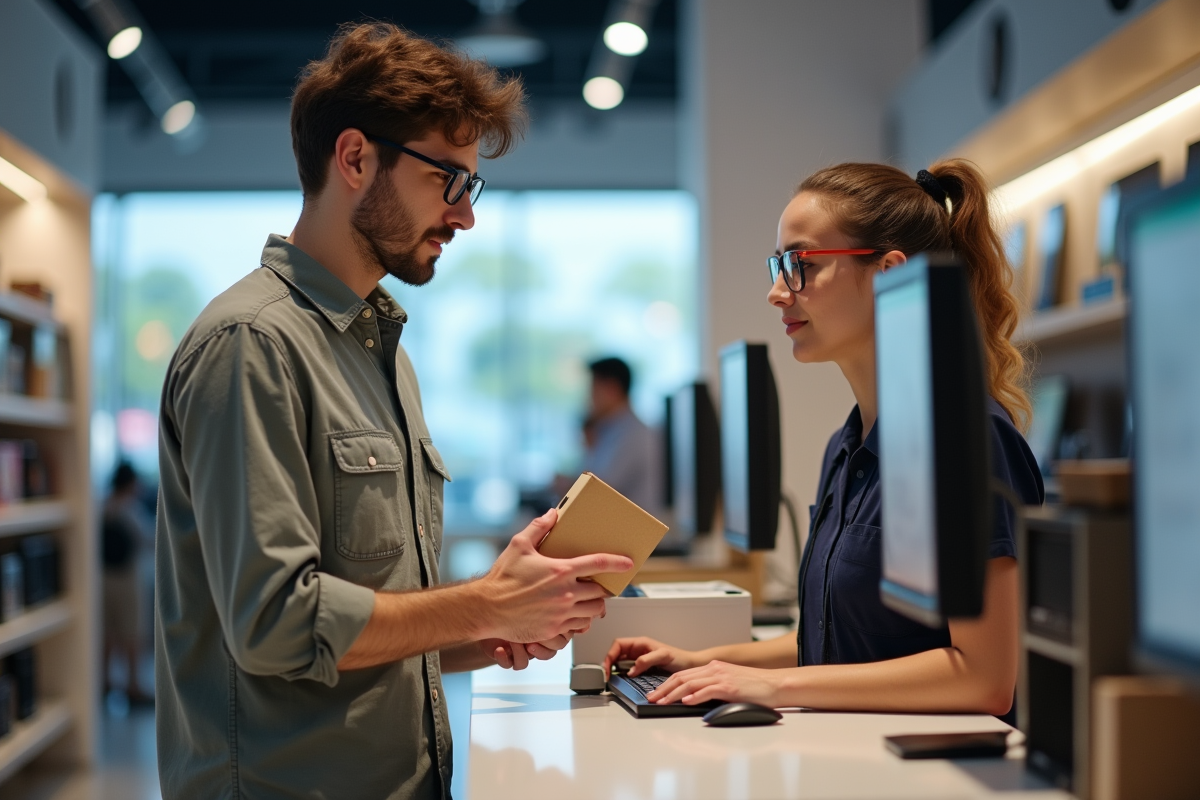 Jeune homme discutant avec une vendeuse en magasin d