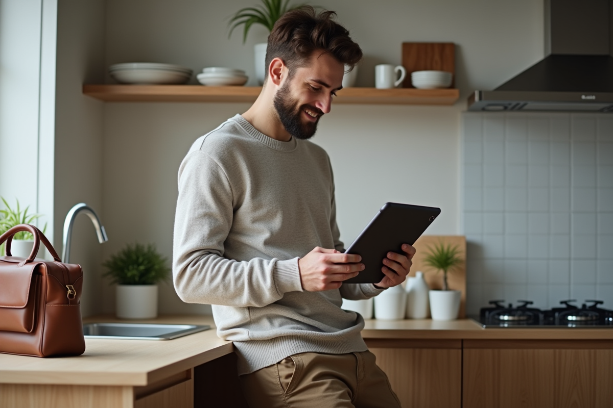 Jeune homme vérifiant son emploi du temps sur une tablette dans la cuisine