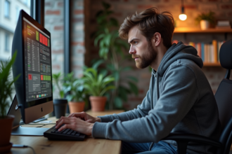 Jeune homme concentré sur son ordinateur dans un bureau moderne