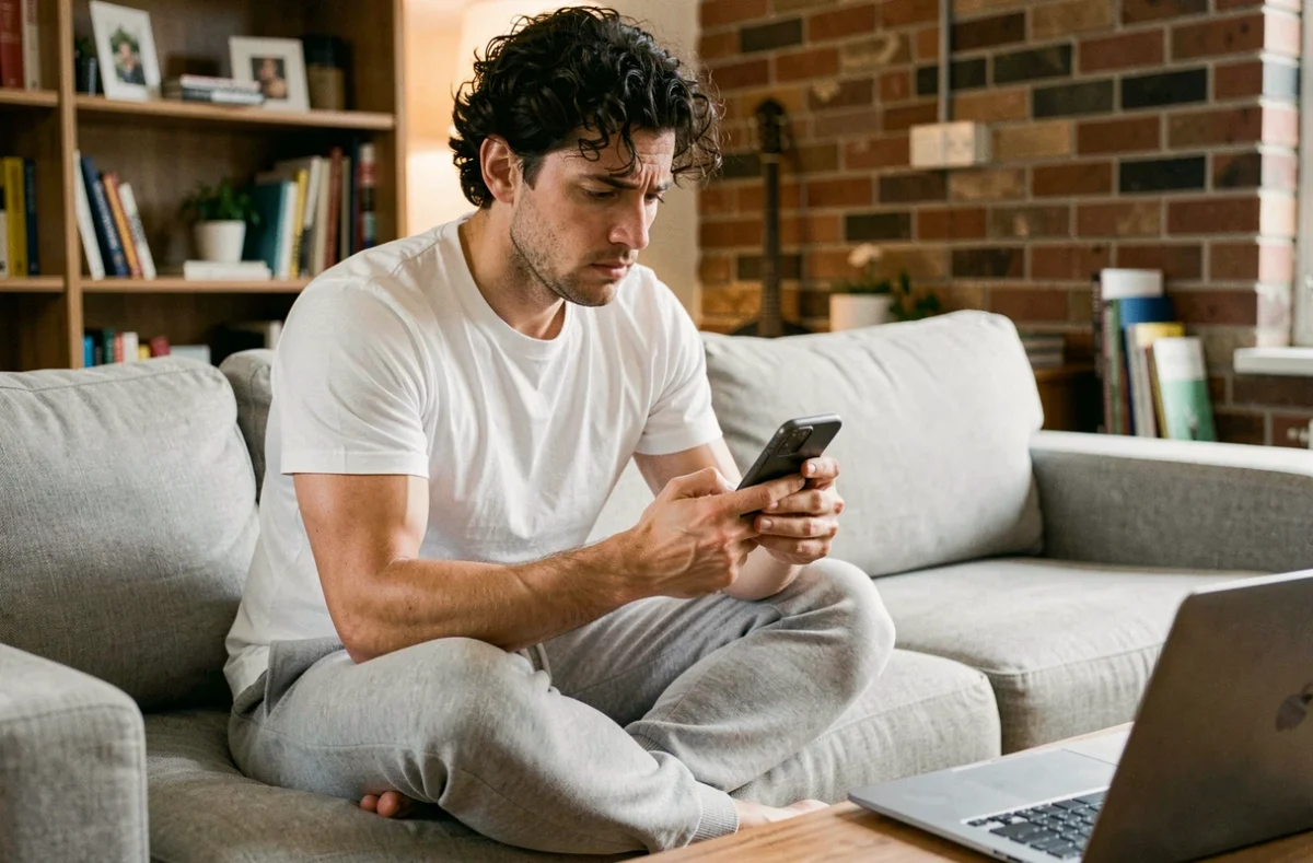 Jeune homme sans emploi recherchant une mutuelle santé adaptée sur son smartphone