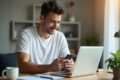 Jeune homme en t-shirt blanc regarde son smartphone à son bureau