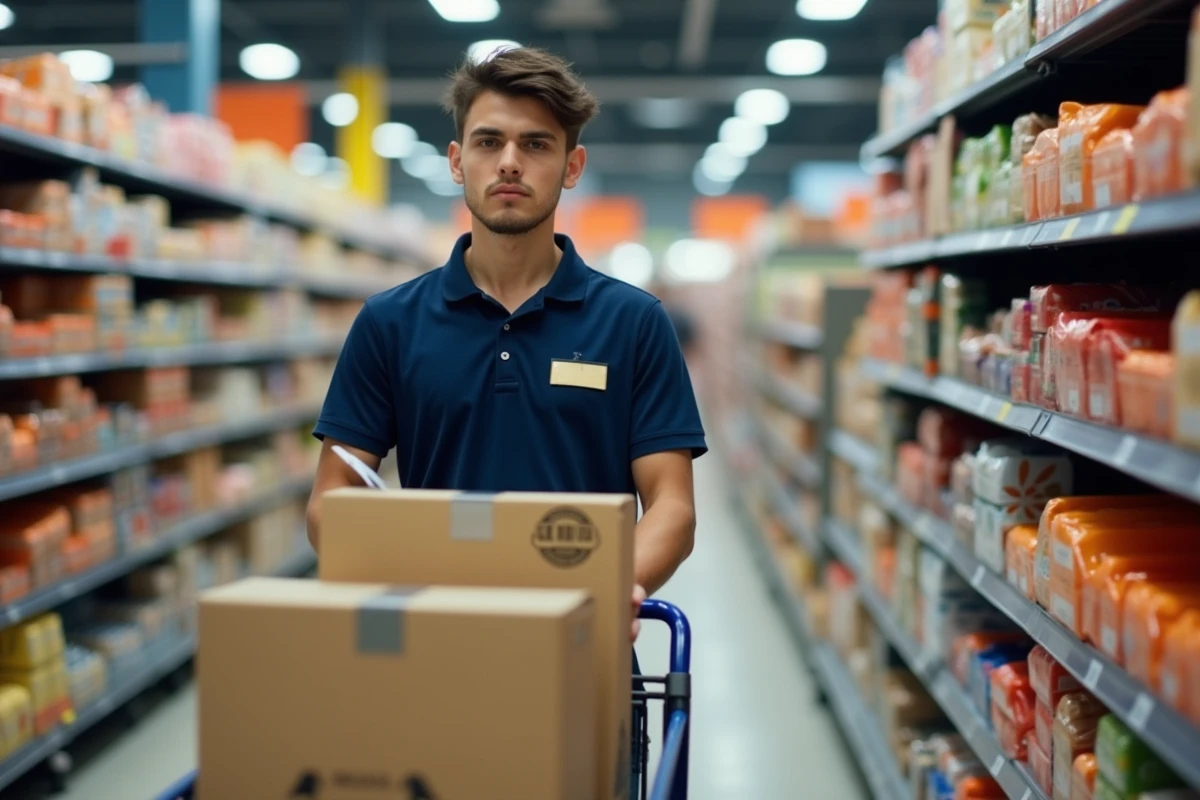 Jeune homme en uniforme dans un supermarché