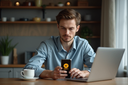 Jeune homme concentré avec smartphone et laptop sur cuisine