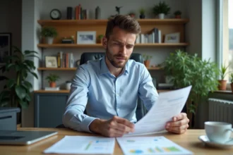 Jeune travailleur belge examine une fiche de paie à son bureau