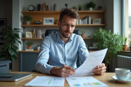 Jeune travailleur belge examine une fiche de paie à son bureau