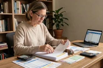 Femme classant des justificatifs de frais kilométriques dans un classeur à son bureau à domicile
