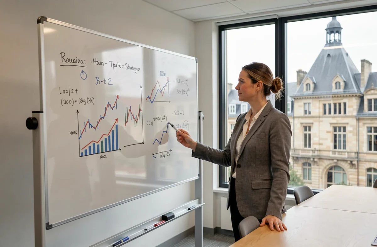 Conseillère de K&P Finance présentant des stratégies financières dans une salle de réunion moderne à Rouen