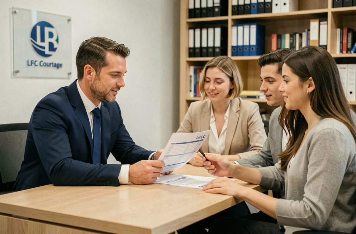 Un conseiller de LFC Courtage présente un contrat d'assurance à un couple dans un bureau moderne