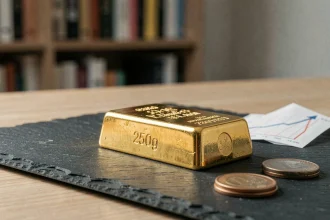 Lingot d'or 250g posé sur une ardoise avec des pièces en euros et un graphique d'inflation, symbole de protection de l'épargne en 2026