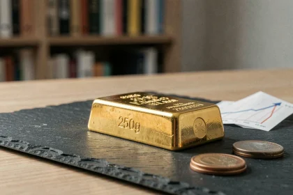 Lingot d'or 250g posé sur une ardoise avec des pièces en euros et un graphique d'inflation, symbole de protection de l'épargne en 2026