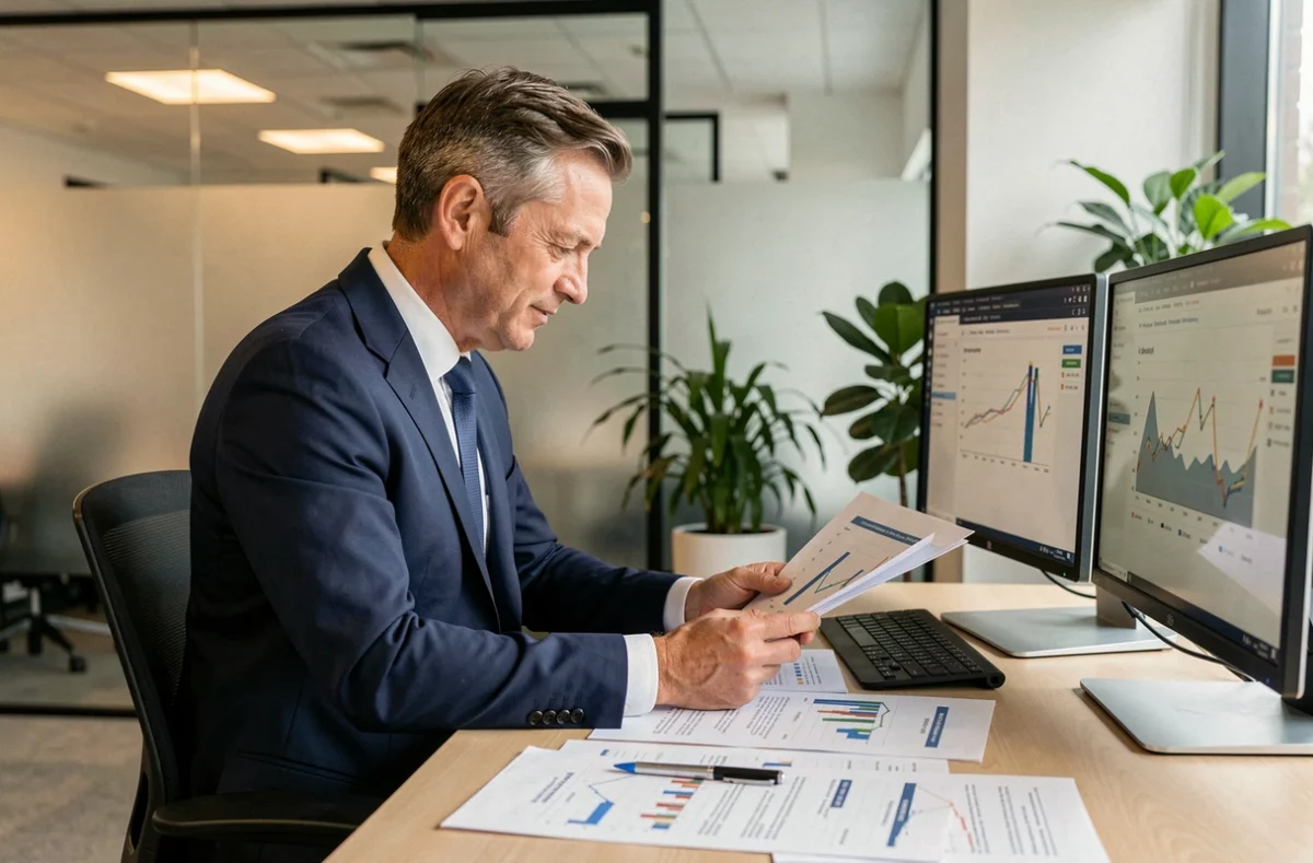 Conseiller financier de LMC Invest analysant des documents d'investissement dans un bureau moderne