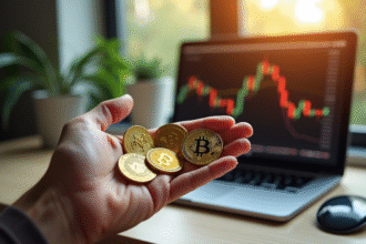 Main tenant des cryptomonnaies dans un bureau moderne