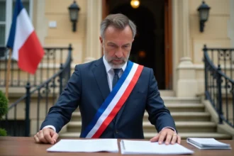 Maire débutant portant l'écharpe tricolore devant une mairie française en pierre lors de son premier mandat