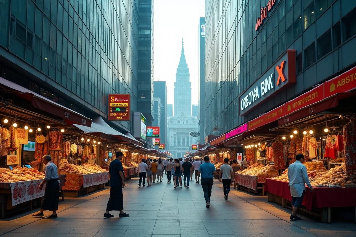 Marché financier urbain dans une ville d'Asie du Sud-Est illustrant l'économie d'un pays émergent