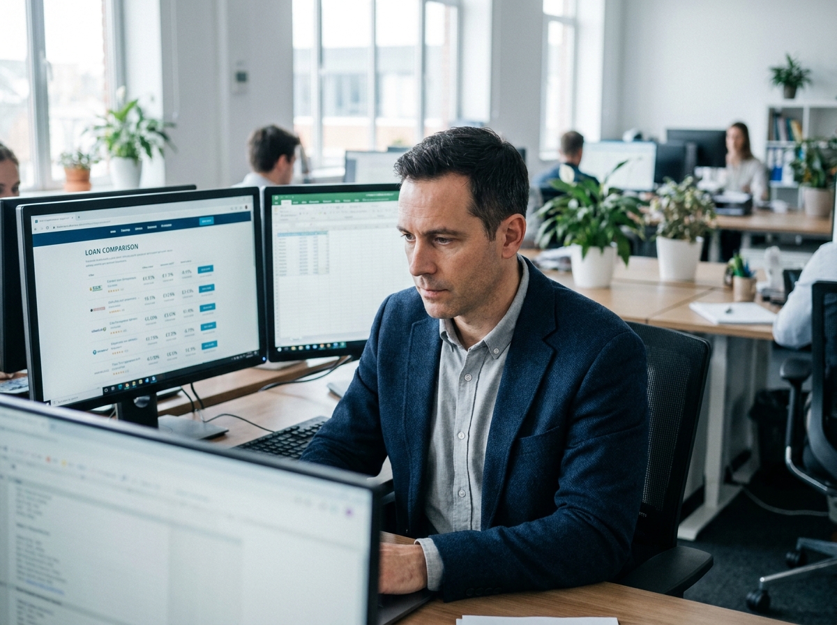 Un conseiller financier utilise un comparateur de crédit en ligne de type Meilleurtaux pour analyser les meilleures offres de crédit conso