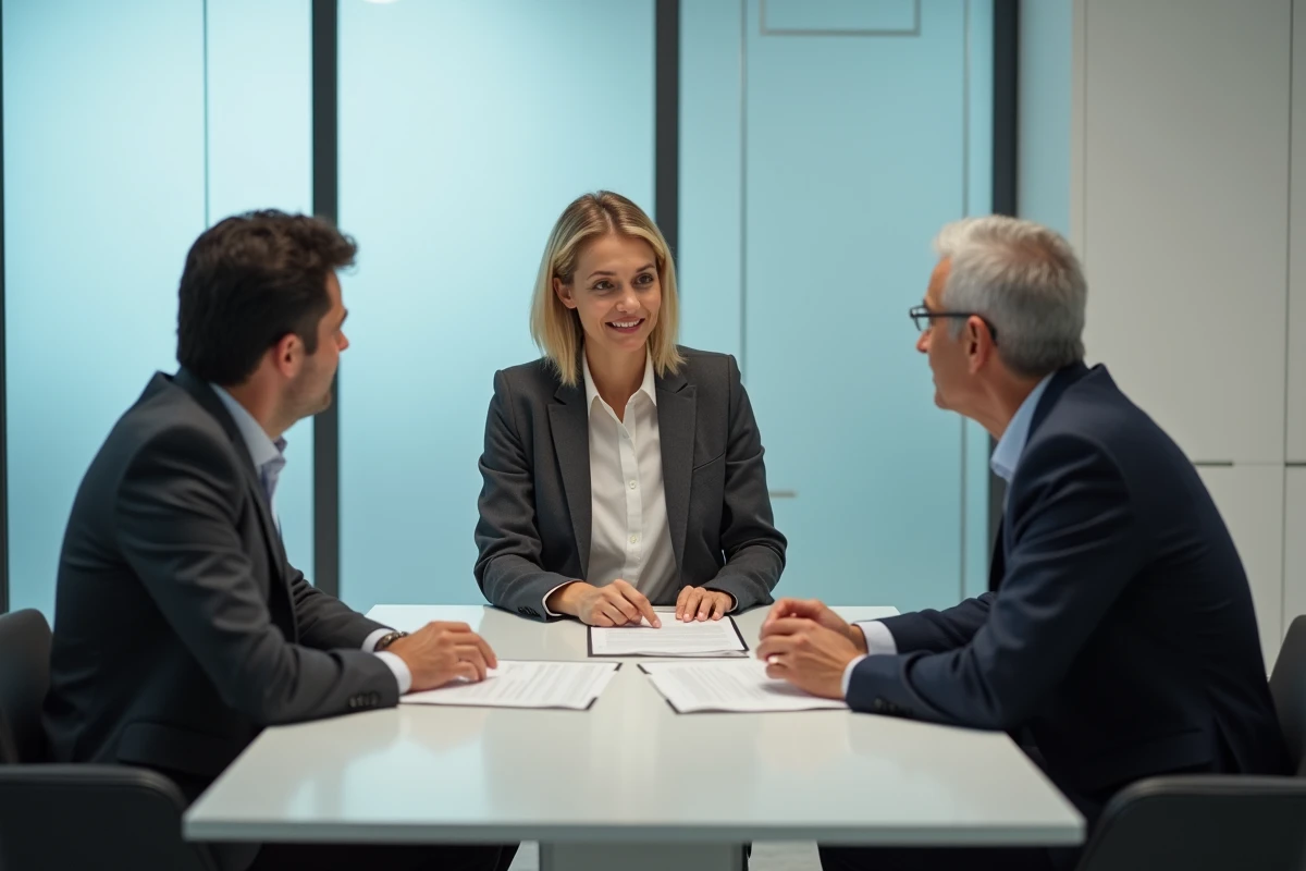 Notaire expliquant les honoraires à un couple de clients autour d'une table dans un bureau moderne
