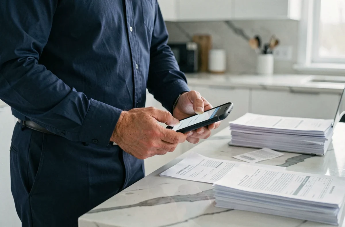 Propriétaire LMNP numérisant des tickets de caisse et factures avec son smartphone sur une table de cuisine moderne