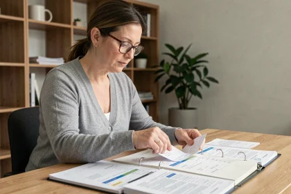 Femme organisant des factures et tickets de caisse dans un classeur à son bureau à domicile pour une gestion LMNP