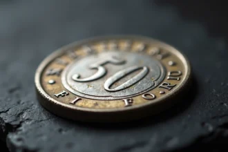 Pièce de 50 Francs argent 1977 avec motif Hercule posée sur une surface en ardoise sombre