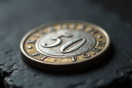 Pièce de 50 Francs argent 1977 avec motif Hercule posée sur une surface en ardoise sombre