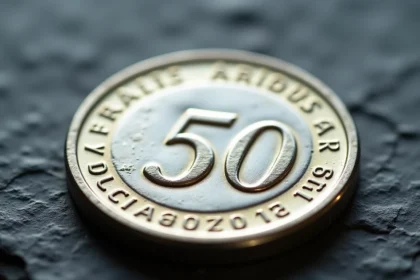 Pièce de 50 francs en argent photographiée en gros plan macro révélant les détails de gravure et la patine naturelle du métal
