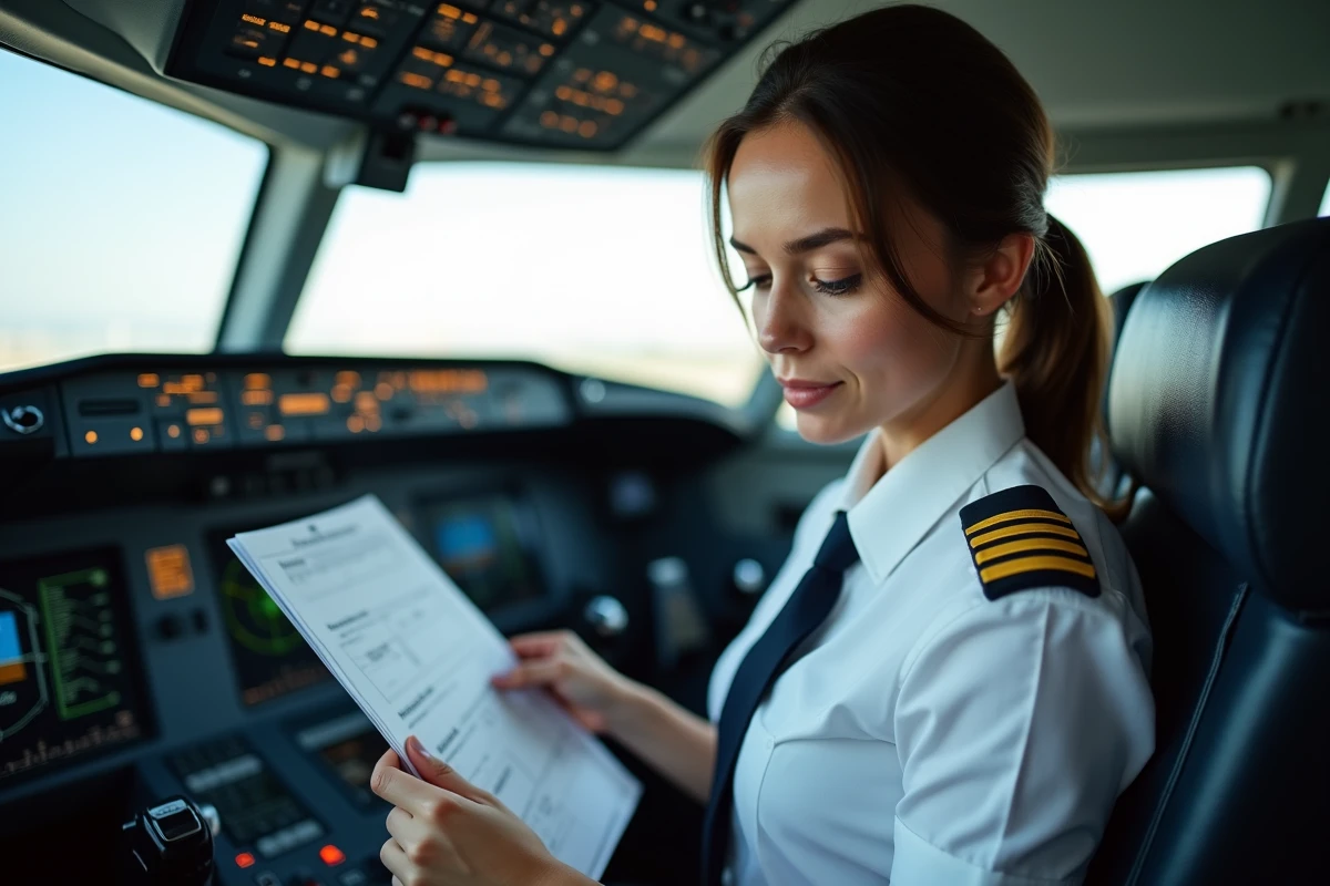 Pilote femme en cabine de pilotage d'un avion commercial consultant un plan de vol, comparaison de rémunération pilote Ryanair et compagnies aériennes européennes