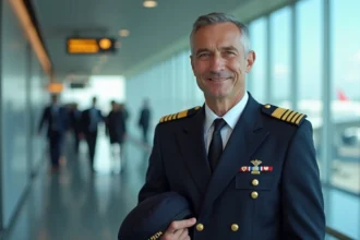 Pilote de ligne en uniforme dans un terminal d'aéroport moderne, illustrant la comparaison des salaires entre Ryanair et les grandes compagnies européennes