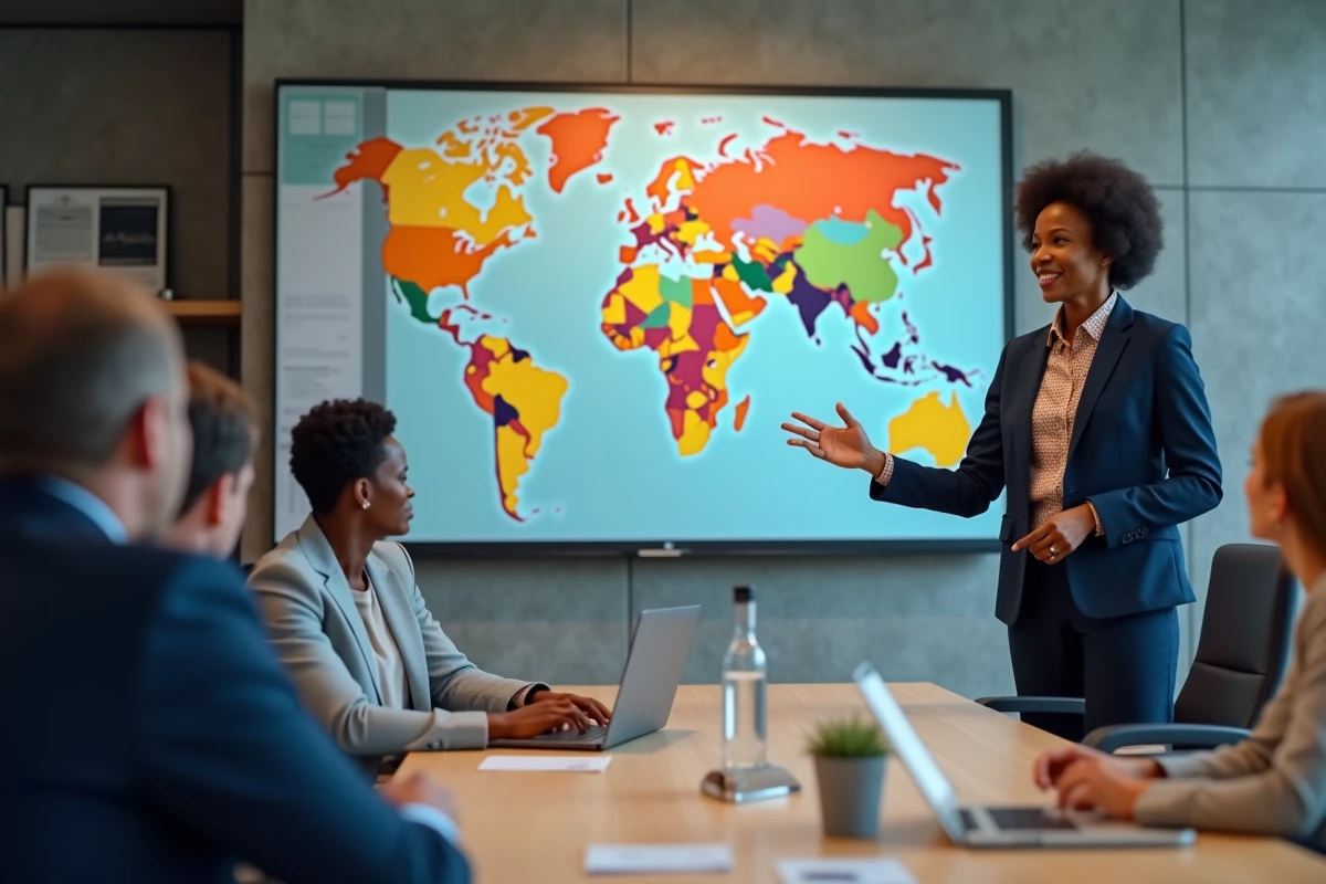 Femme d'affaires présentant une carte des pays émergents lors d'une réunion économique internationale