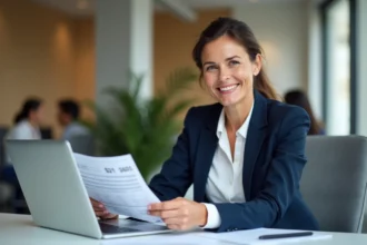 Femme cadre en entreprise consultant des documents de prime de pouvoir d'achat 2026 à son bureau