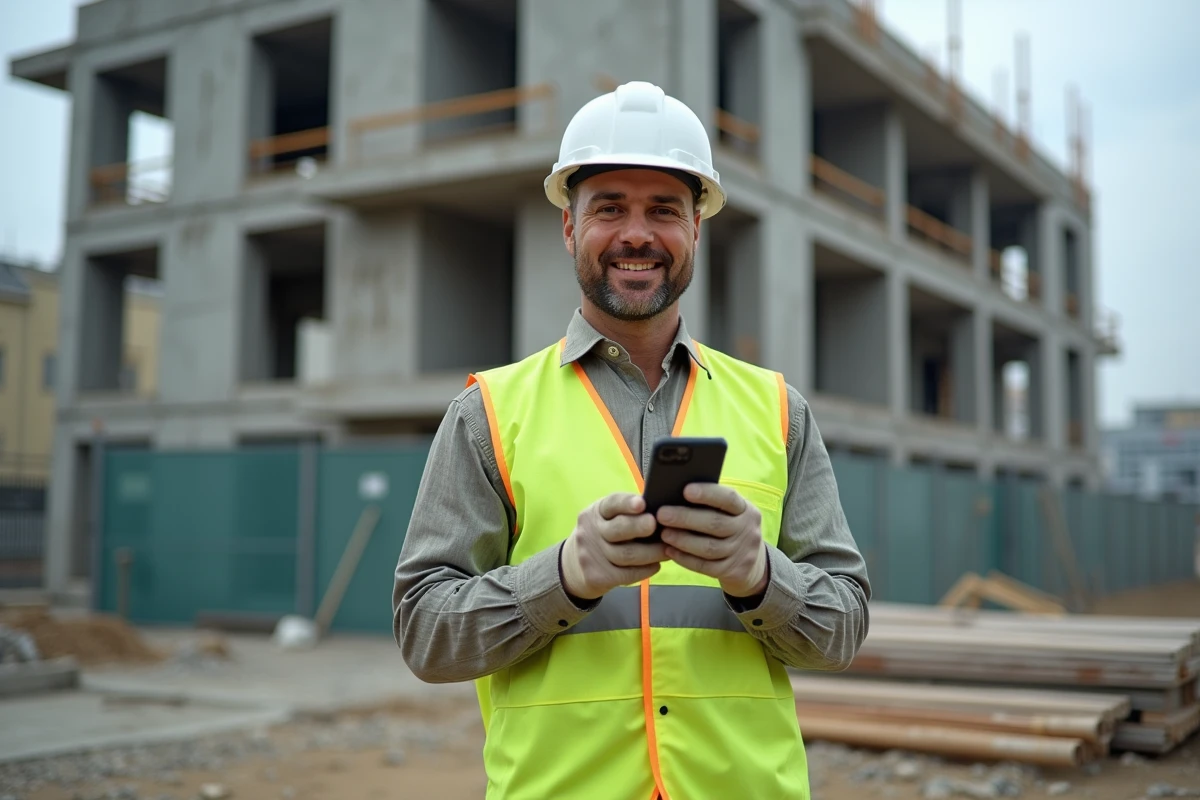 Ouvrier du secteur du bâtiment consultant sa prime salariale 2026 sur smartphone lors d'une pause chantier
