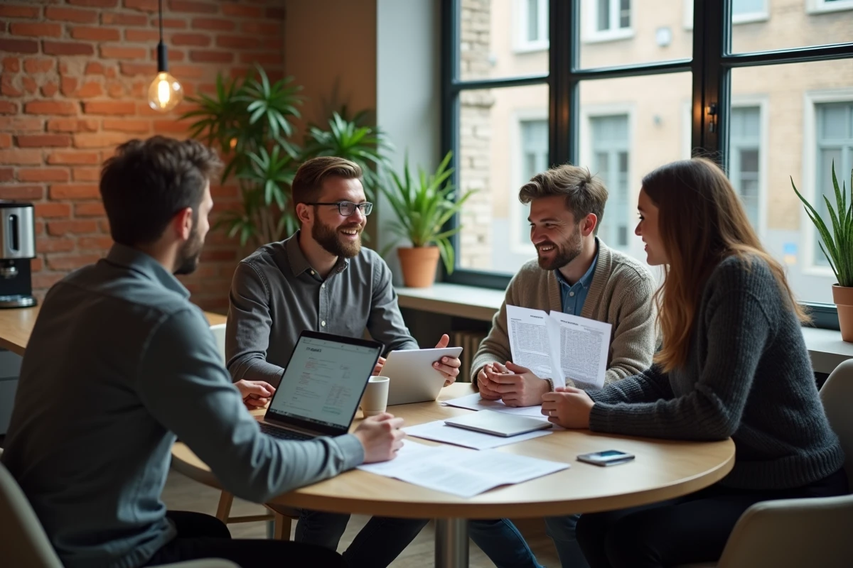 Équipe de salariés discutant des primes de pouvoir d'achat 2026 autour d'une table en salle de pause