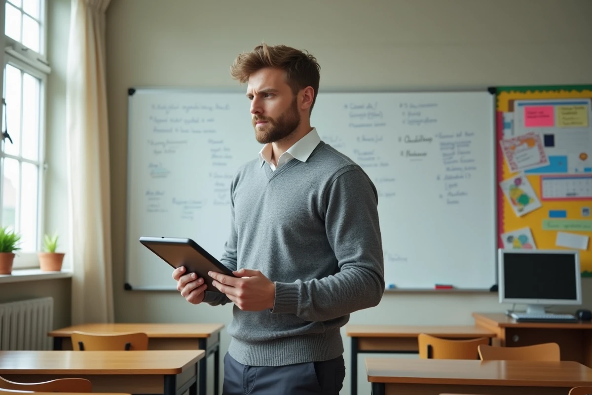 Professeur des écoles vérifiant les dates de paiement de son salaire sur une tablette numérique en classe