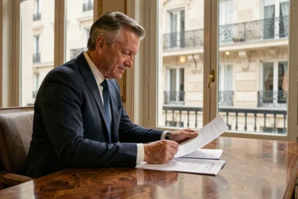 Professionnel de l'immobilier examinant des documents liés à la SCPI Elysées Pierre dans un bureau parisien haussmannien