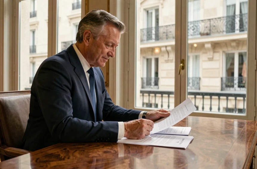 Professionnel de l'immobilier examinant des documents liés à la SCPI Elysées Pierre dans un bureau parisien haussmannien