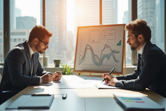 Deux professionnels en réunion avec plan d'affaires et tableau blanc