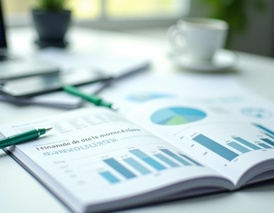 Rapport financier annuel du Crédit Agricole ouvert sur un bureau avec graphiques de résultats et perspectives stratégiques