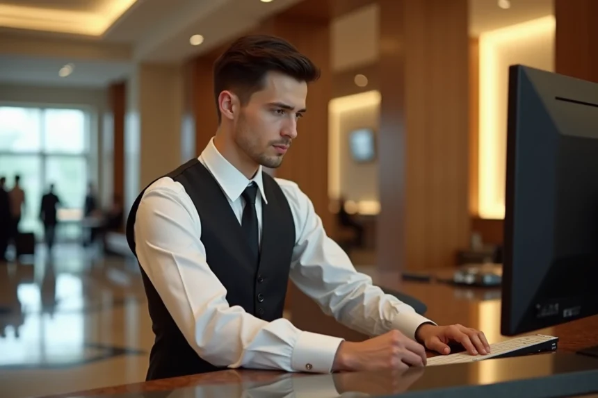 Jeune réceptionniste d'hôtel concentré sur son ordinateur