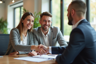 Jeune couple souriant rencontrant un banquier dans un bureau moderne
