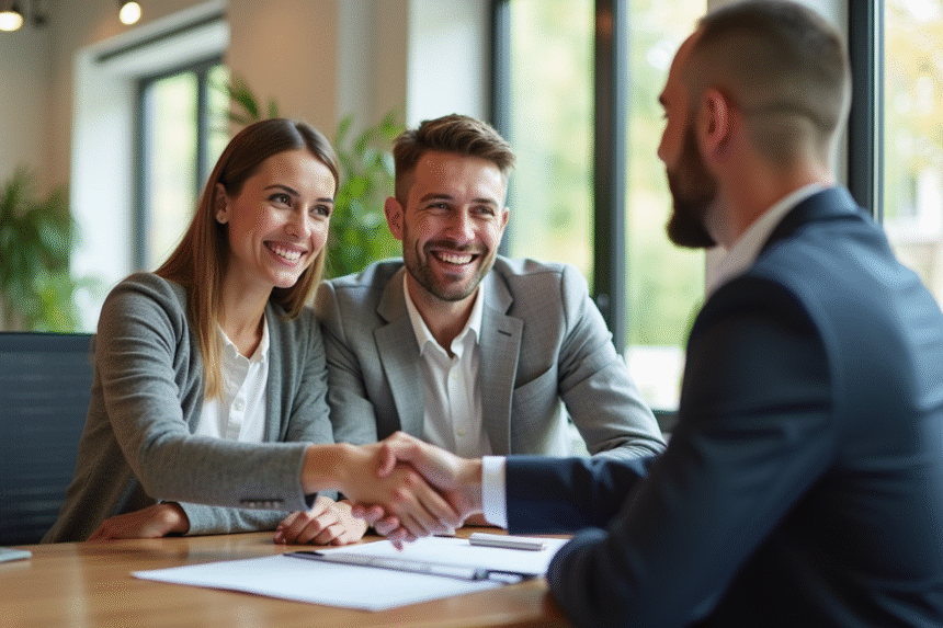 Jeune couple souriant rencontrant un banquier dans un bureau moderne