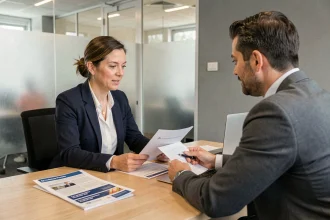 Rendez-vous professionnel à La Banque Postale entre une entrepreneuse et un conseiller bancaire dans une salle de réunion moderne