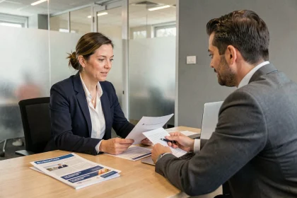 Rendez-vous professionnel à La Banque Postale entre une entrepreneuse et un conseiller bancaire dans une salle de réunion moderne