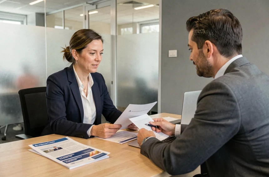 Rendez-vous professionnel à La Banque Postale entre une entrepreneuse et un conseiller bancaire dans une salle de réunion moderne