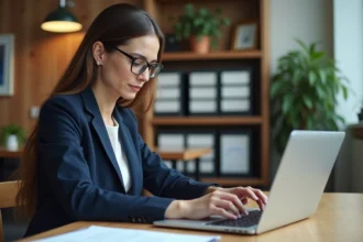 Responsable d'association consultant l'interface bancaire Cyberplus Banque Populaire sur son ordinateur portable dans un bureau associatif moderne